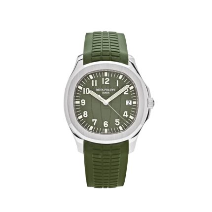 Patek Philippe 42mm Aquanaut Khaki Green Arabic Numeral Dial Tropical Green Rubber Band 18K White Gold Watch 5168G-010
