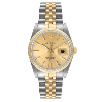 Rolex Date 34mm 2 Tone 18k Yellow Gold & Stainless Steel Silver Dial YG Fluted Bezel Jubilee Watch 15053