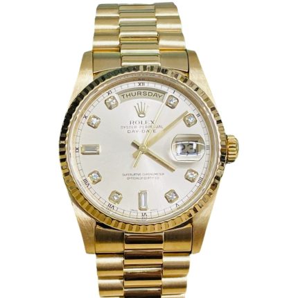 Rolex President Day-Date 18K Yellow Gold Silver Factory Diamond Dial Fluted Bezel Double Quickset Watch 18238