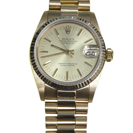 Rolex 31mm Datejust 18k Yellow Gold Champagne Dial Fluted Bezel President Band Watch 6827