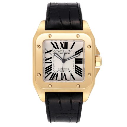 Cartier Santos 100 XL 38mm 18k Yellow Gold Black Strap Mens Watch W20071Y1