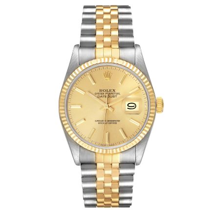 Rolex Datejust 36mm 2 Tone 18k Yellow Gold & Stainless Steel Champagne Gold Dial Fluted Bezel Jubilee Watch 16013