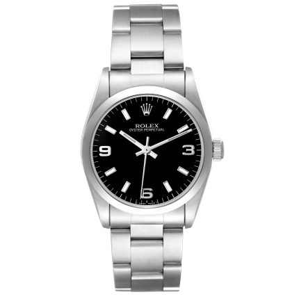 Rolex Midsize 31mm Black Arabic Numeral Dial SS Smooth Bezel Oyster Band Stainless Steel Ladies Watch 77080